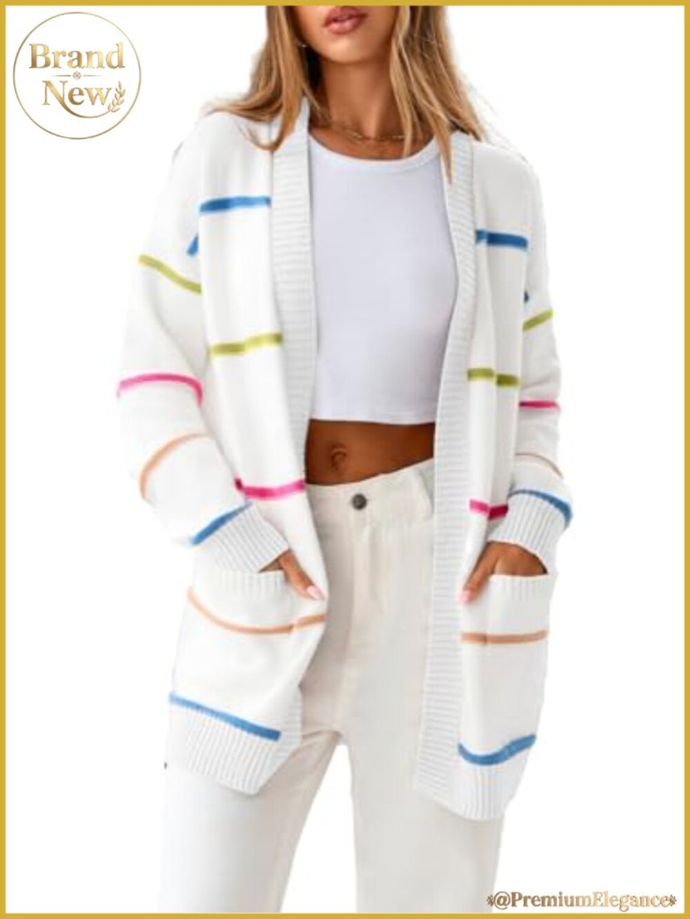Open Front Striped Cardigan Sweaters for Women Lightweight Long Sleeve V-Neck